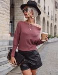 Stylish Long Sleeved One Shoulder Knitwear for Women Mahogany Color
