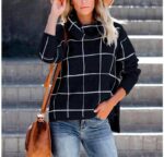 Plaid Knitted Black Sweater for Women