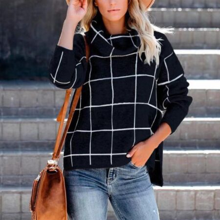 Plaid Knitted Black Sweater for Women