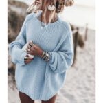 Solid Women Long Sleeve Loose Pullover Blue Sweater