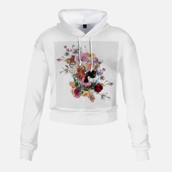 Jacki Easlick Floral Skull Cropped White Hoodie for Women 2