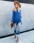 Autumn Winter Loose Plus Size Solid Blue Sweater