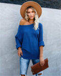 Autumn Winter Loose Plus Size Solid Blue Sweater