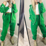 Womens Green Tracksuit Casual Loose Zipper Hooded