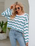 Wave Stripes White Green Winter Sweater Women O Neck