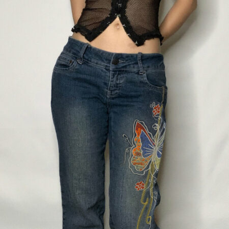 Retro Butterfly Print Y2K Denim Jeans Low Waisted Vintage Cargo Featured