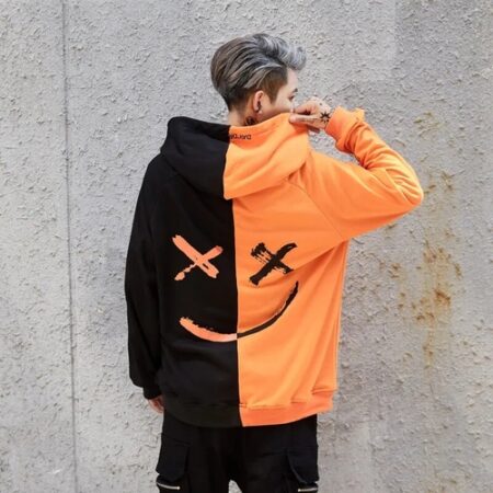 Mens Black and Orange Hip Hop Hoodie for Winter