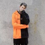 Mens Black and Orange Hip Hop Hoodie for Winter