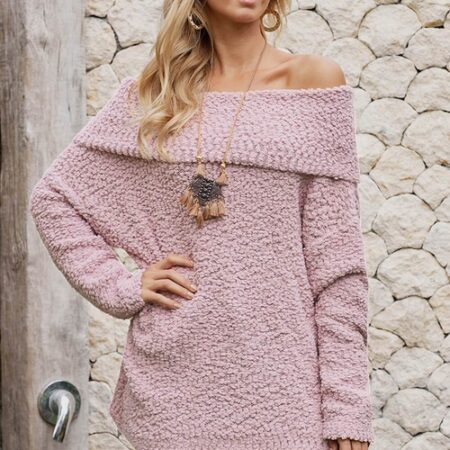 Womens Off Shoulder Comfy Pink Sweater Featured