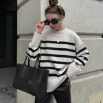 Striped Knitted Loose White Sweater for Women Featured