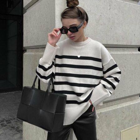 Striped Knitted Loose White Sweater for Women Featured