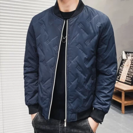 Men's Casual Stand-up Collar Plus Fleece Warm Cotton Navy Blue Coat