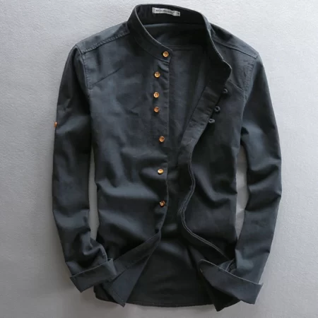 Men's Cotton Linen Casual Long Sleeve Black Shirt