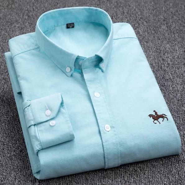 Mens Long Sleeve Oxford Woven Light Blue Shirt with Embroidered LOGO