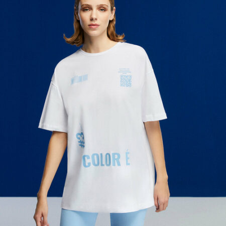 Printed Oversized White Blue Print T-Shirt for Women
