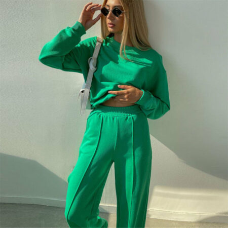 Casual Loose Pullover Tops And Elastic Waist Green Tracksuit for Women
