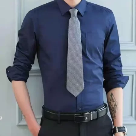 Spring Long Sleeved Navy Blue Formal Shirt for Men
