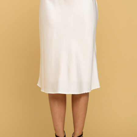 Solid Satin Midi White Skirt With Elastic Waist