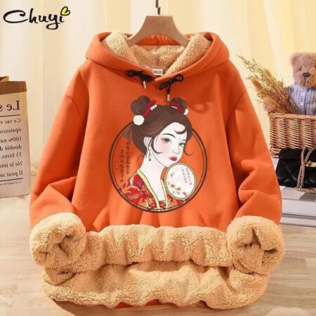 Unisex Cashmere Thickened Orange Hoodie for Winter and Autumn