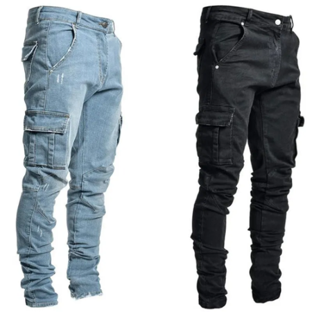 Men Blue Black Jeans Cargo Pants Multi Pockets Denim Pantalones Blue Slim Size Guide