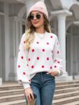 Polka Dots O Neck Casual White Sweater for Women