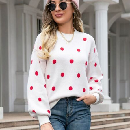 Polka Dots O Neck Casual White Sweater for Women