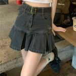 Womens High Waist Pleated Black Denim Skirt