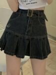 Womens High Waist Pleated Black Denim Skirt