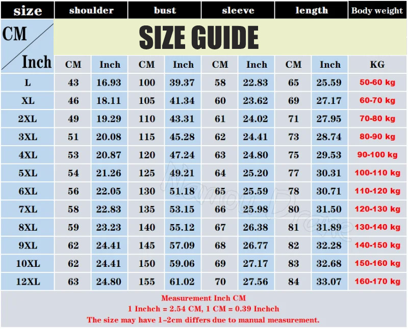 Size Guide for Big Size Hoodie