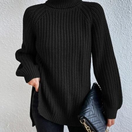 Winter Turtleneck Solid Color Split Knitted Black Sweater