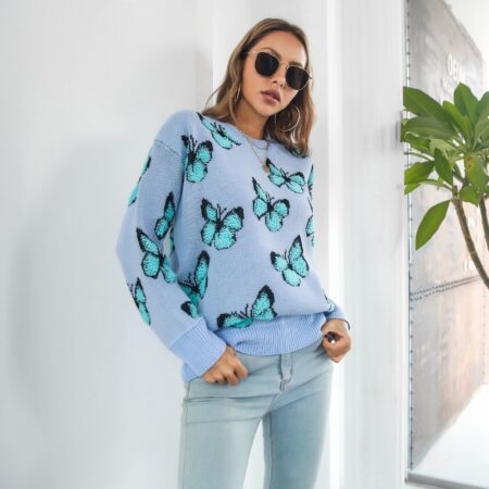 Butterfly Sweater Pullovers Knitted Blue Sweater