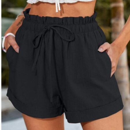 Lace Up Elastic Waist Solid Color Pocket Womens Shorts