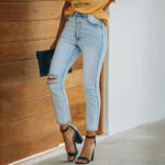 Hight Waist Casual Ripped Stretchy Skinny Blue  Jeans