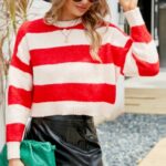 Womens Cropped Red White Striped Sweater