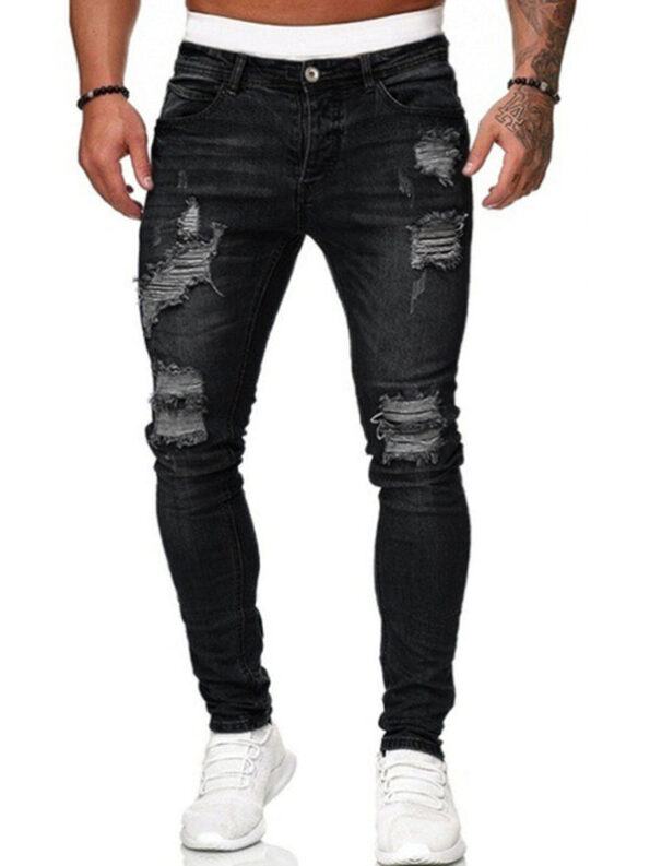 Men's Solid Color Ripped Stretch Skinny Distressed Jeans Black