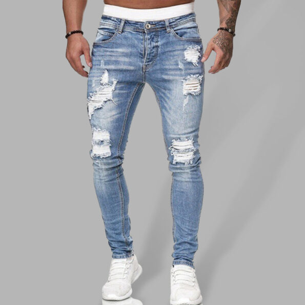 Men's Solid Color Ripped Stretch Skinny Distressed Jeans Blue