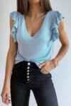 Cascading Ruffles Knit Tank Sky Blue Top for Women