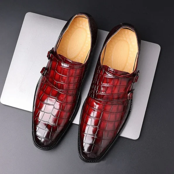 British Wind Pressure Flower Monk Casual Red Color Men's Leather Shoes