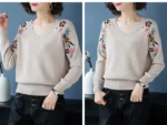 Flower Beige Sweater Women’s Pullover Loose Tops