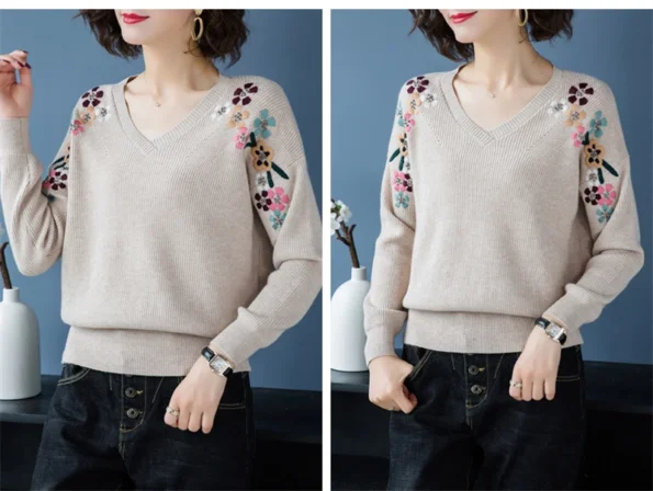 Flower Beige Sweater Women's Pullover Loose Tops
