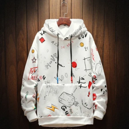 High Quality Cotton Velvet Casual Printed White Hoodie For Men