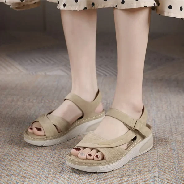 Khaki Color Sandals Casual Sports Comfortable Thick Soled Velcro Seam Big Size Women's Shoes