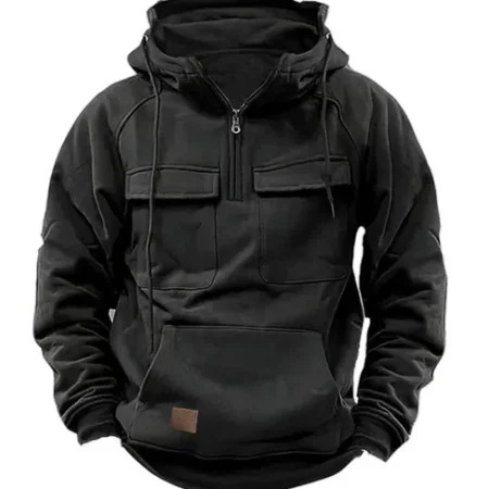 Men’s Attractive Multi Pocket Leather Premium Black Hoodie