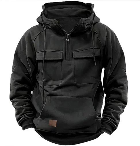 Men’s Attractive Multi Pocket Leather Premium Black Hoodie