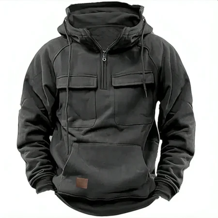 Men’s Attractive Multi Pocket Leather Premium Dark Grey Hoodie