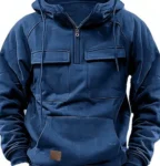 Men’s Attractive Multi Pocket Leather Premium Blue Hoodie