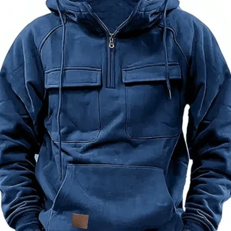 Men’s Attractive Multi Pocket Leather Premium Blue Hoodie