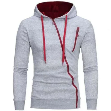 Men’s High Quality Diagonal Zipper Casual Grey Hoodie