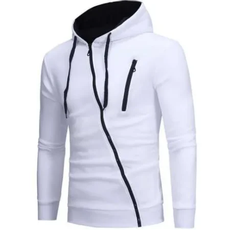 Men’s High Quality Diagonal Zipper Casual White Hoodie