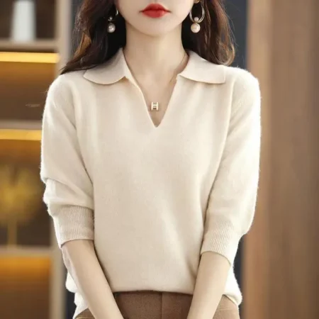 New Cashmere Pure Wool Knitted Beige Color Women's Sweatshirt